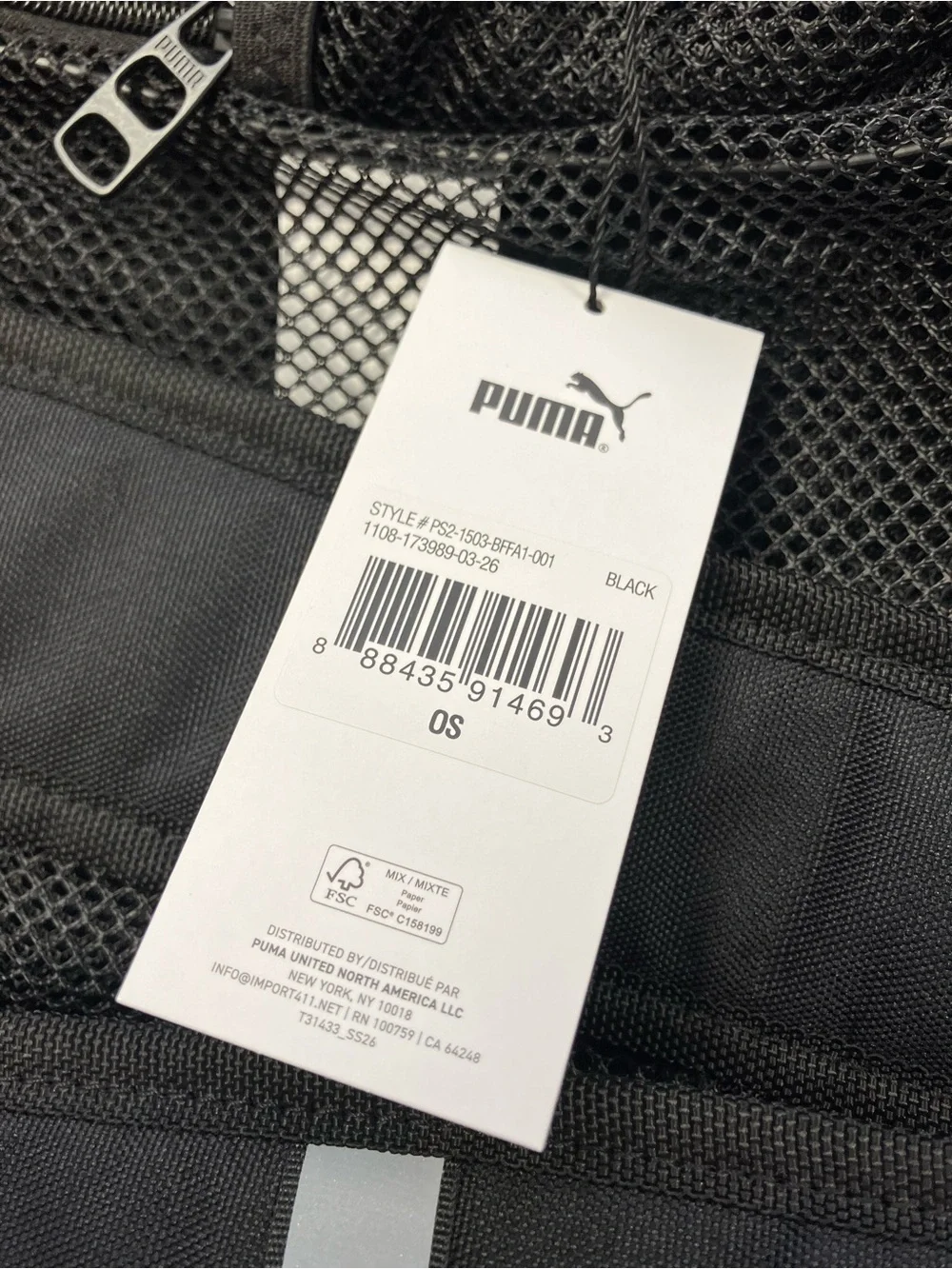 Puma Black Mesh Backpack with White Logo Back Pack Bag NWT